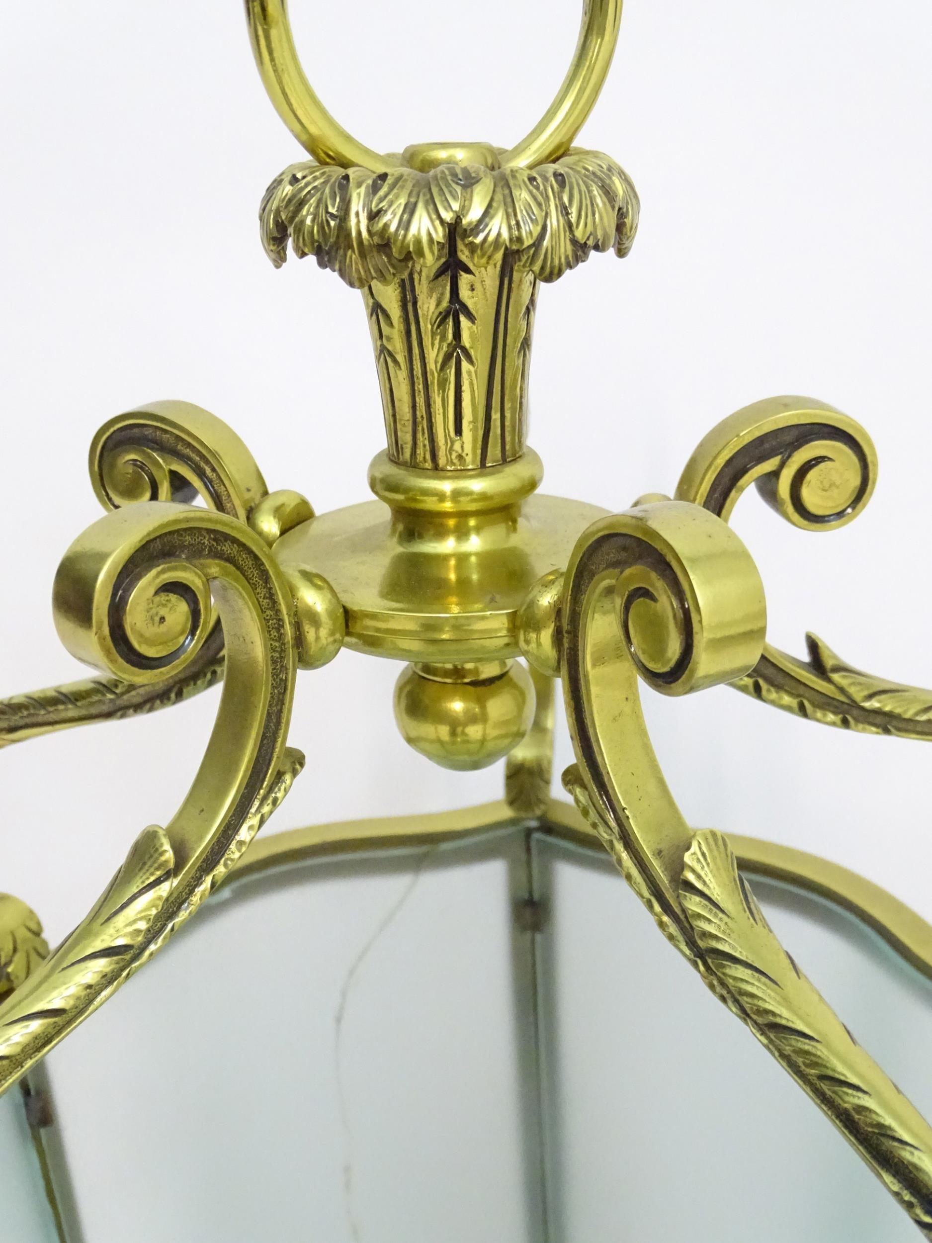 A 19thC brass hanging lantern and original bracket, the shade with five panels of frosted glass - Image 5 of 7