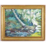 Ferrer, 20th century, Oil on board, Woodland Stream. Signed and dated (19)87 lower right. Approx.