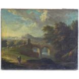 19th century, Continental School, Oil on canvas, A landscape scene with a stone arch bridge with urn