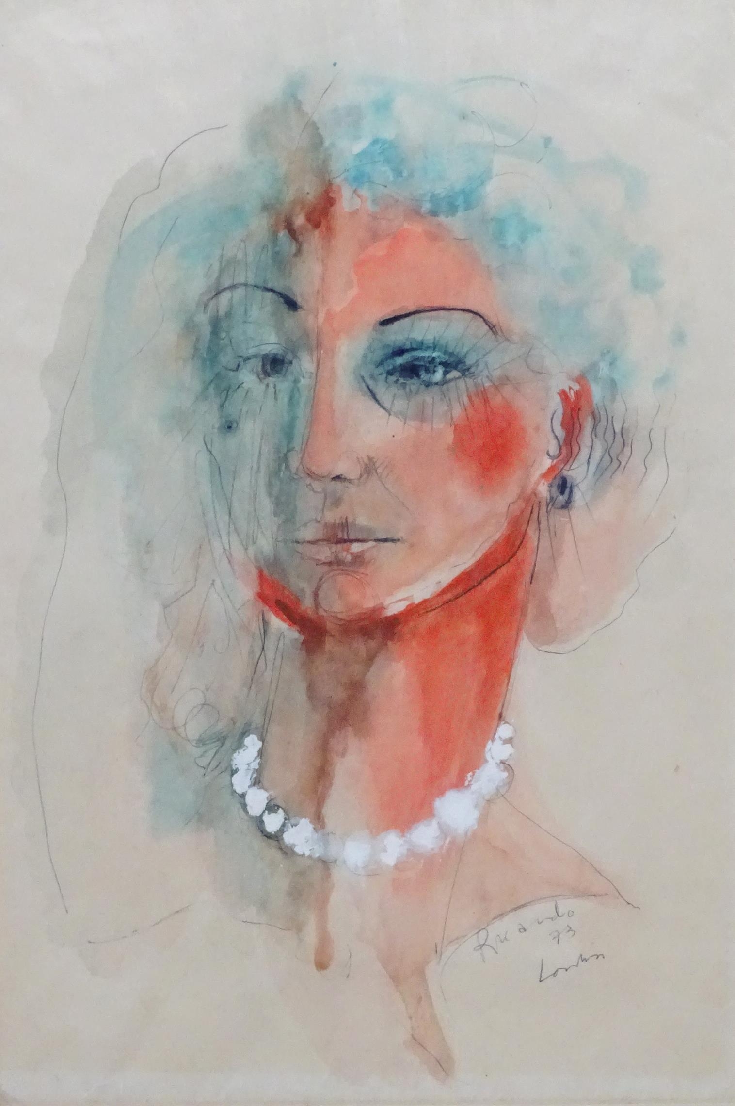 Ricardo, 20th century, Watercolour and ink, A portrait of a young woman with a bead necklace. Signed - Image 3 of 4