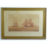 William Joy (1803-1867), Sepia watercolour, Naval ships at sea, with boats beyond. Approx. 13 1/4" x