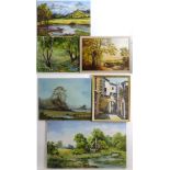 Six contemporary oils, to include two wooded landscape scenes signed Alberts, one with a horse and