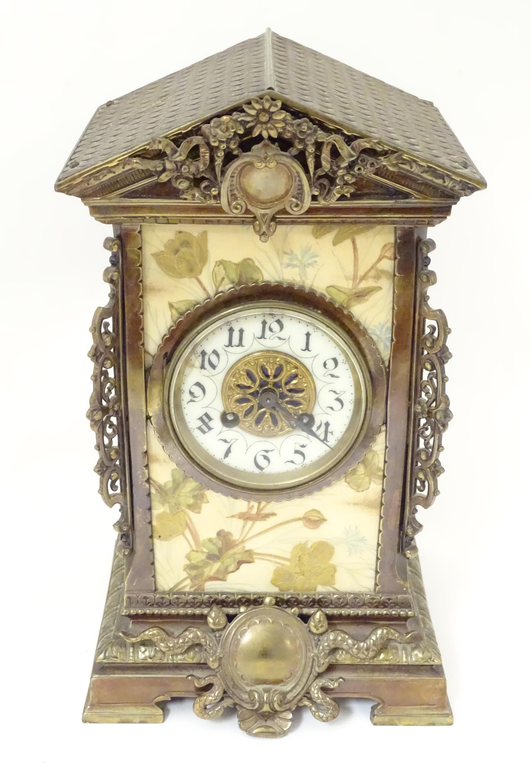 A 19thC brass and porcelain mantle clock, the 8-day French movement stamped F Marti Medaile De - Image 7 of 20