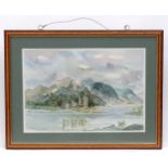 Walter Staples, 20th century, Watercolours, A castle scene with mountains beyond, possibly
