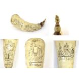 A Victorian Scottish carved horn with scrimshaw decoration depicting angels, children, lions, etc.