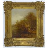 19th century, Oil on canvas, A landscape scene depicting a river bank with a figure and a rowing
