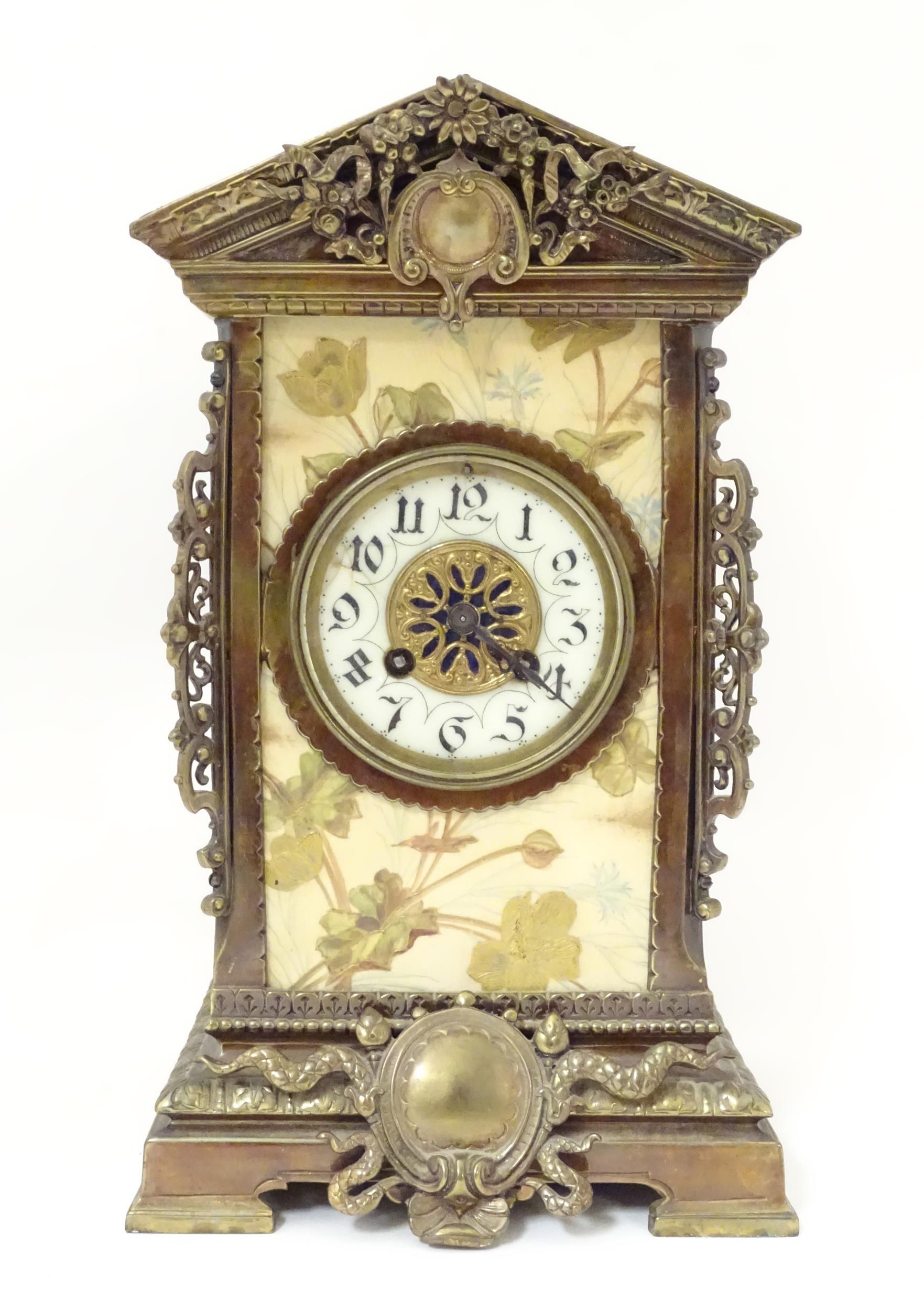 A 19thC brass and porcelain mantle clock, the 8-day French movement stamped F Marti Medaile De - Image 10 of 20