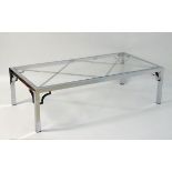 Vintage Retro mid Century modern: A large chromed and glass topped coffee table with cross