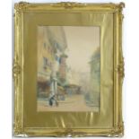 V. Bloom, Early 20th century, Watercolour, A Continental street scene with figures. Signed and dated