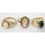 Three various 9ct gold dress rings to include one set with pearl ring size approx L, one with