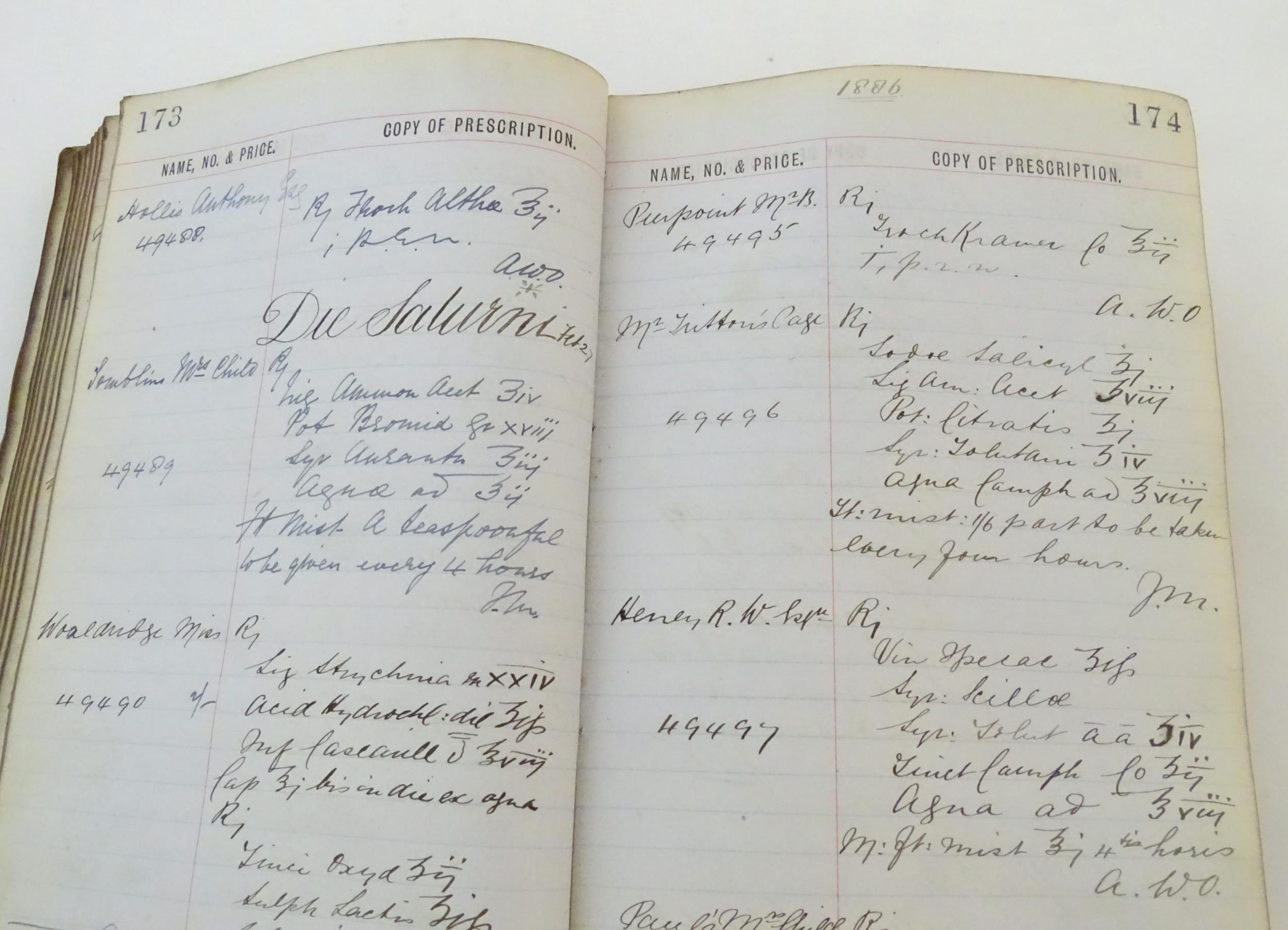 A 19thC English chemist / pharmacist / apothecary prescription ledger, dated 1885-1888. With - Image 14 of 19