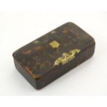 A Victorian papier mache snuff box with faux tortoiseshell detail and brass mounts. Approx. 3/4" x 2