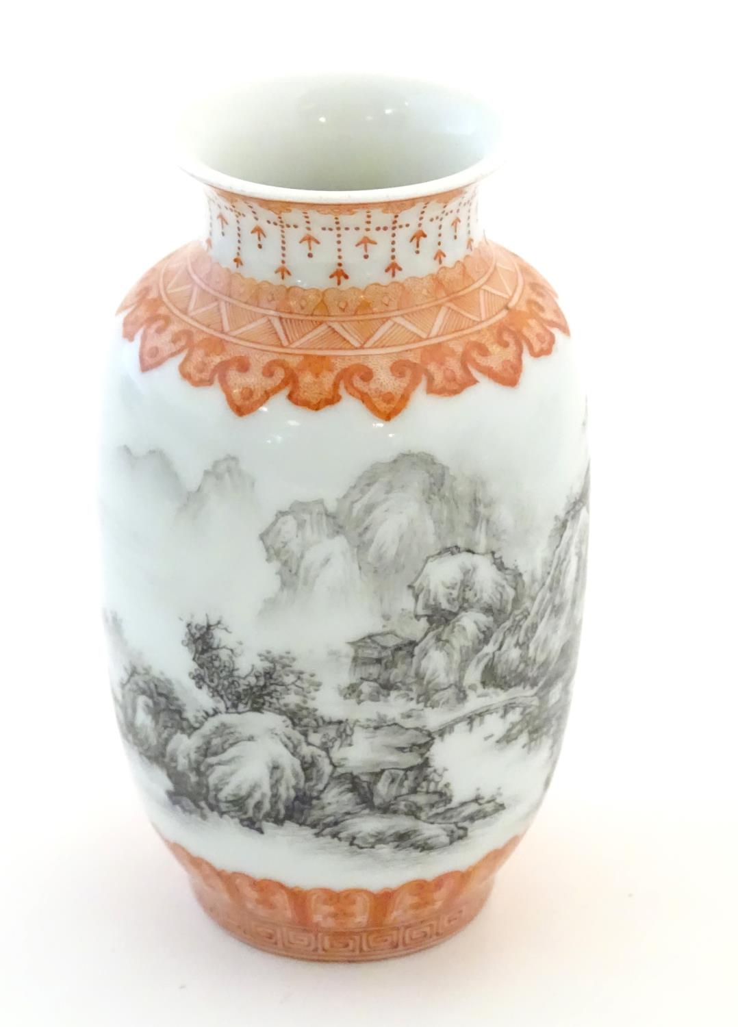 A Chinese small vase with monochrome mountainous landscape detail and orange banded borders. Approx. - Image 2 of 6