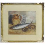 Victorian School, Oil on paper, A still life study with oysters, mackerel and a stoneware jug on a
