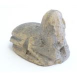 An Egyptian carved stone scarab sphinx seal. Approx. 2 1/2" x 3" x 2 1/4" Please Note - we do not