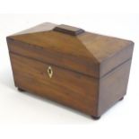 A 19thC mahogany two sectional tea caddy of sarcophagus form with bun feet. Approx. 6 1/4" x 9 1/