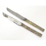 Kitchenalia: a pair of Victorian knives, the gilt metal handles decorated with Japanese scenes of