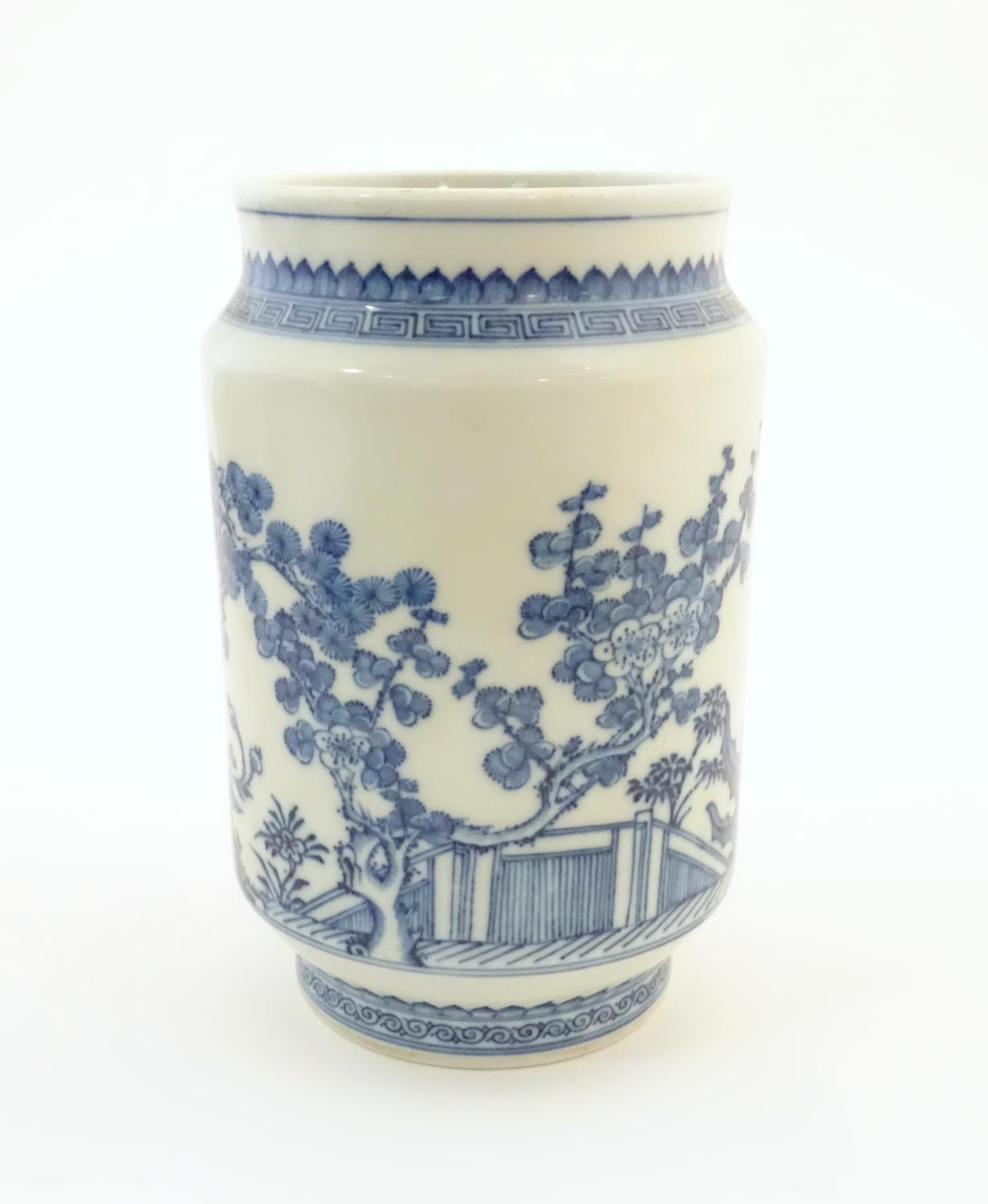 A Chinese blue and white vase of cylindrical form with garden terrace with trees and blossom - Image 4 of 14