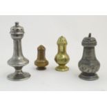Four assorted 18thC casters to include brass and pewter examples etc. The largest approx 5 1/4" high