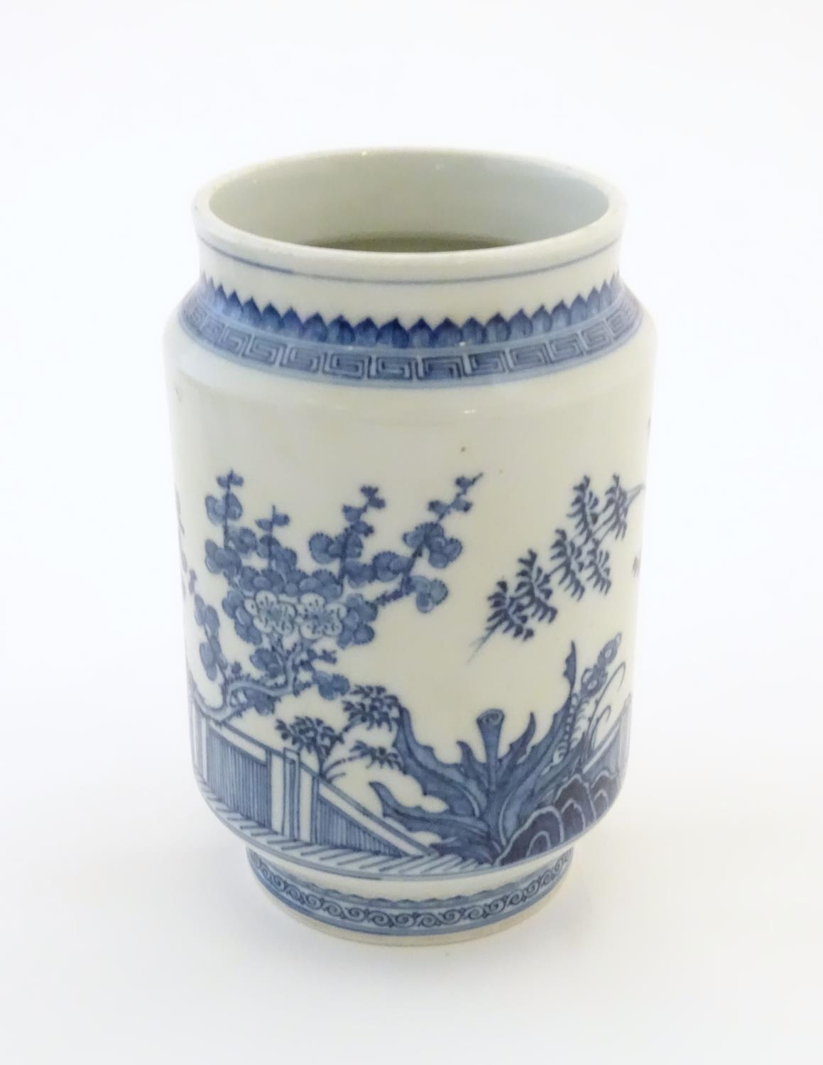 A Chinese blue and white vase of cylindrical form with garden terrace with trees and blossom - Image 12 of 14