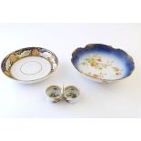 Three Continental items, comprising a French bowl with flower decoration and gilt highlights, made