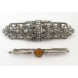 An Art Deco metamorphic brooch / collar clips with marcasite decoration, together white metal