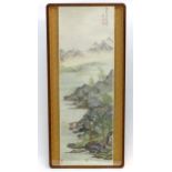 A Chinese watercolour scroll depicting a mountainous landscape scene with figures on boats.