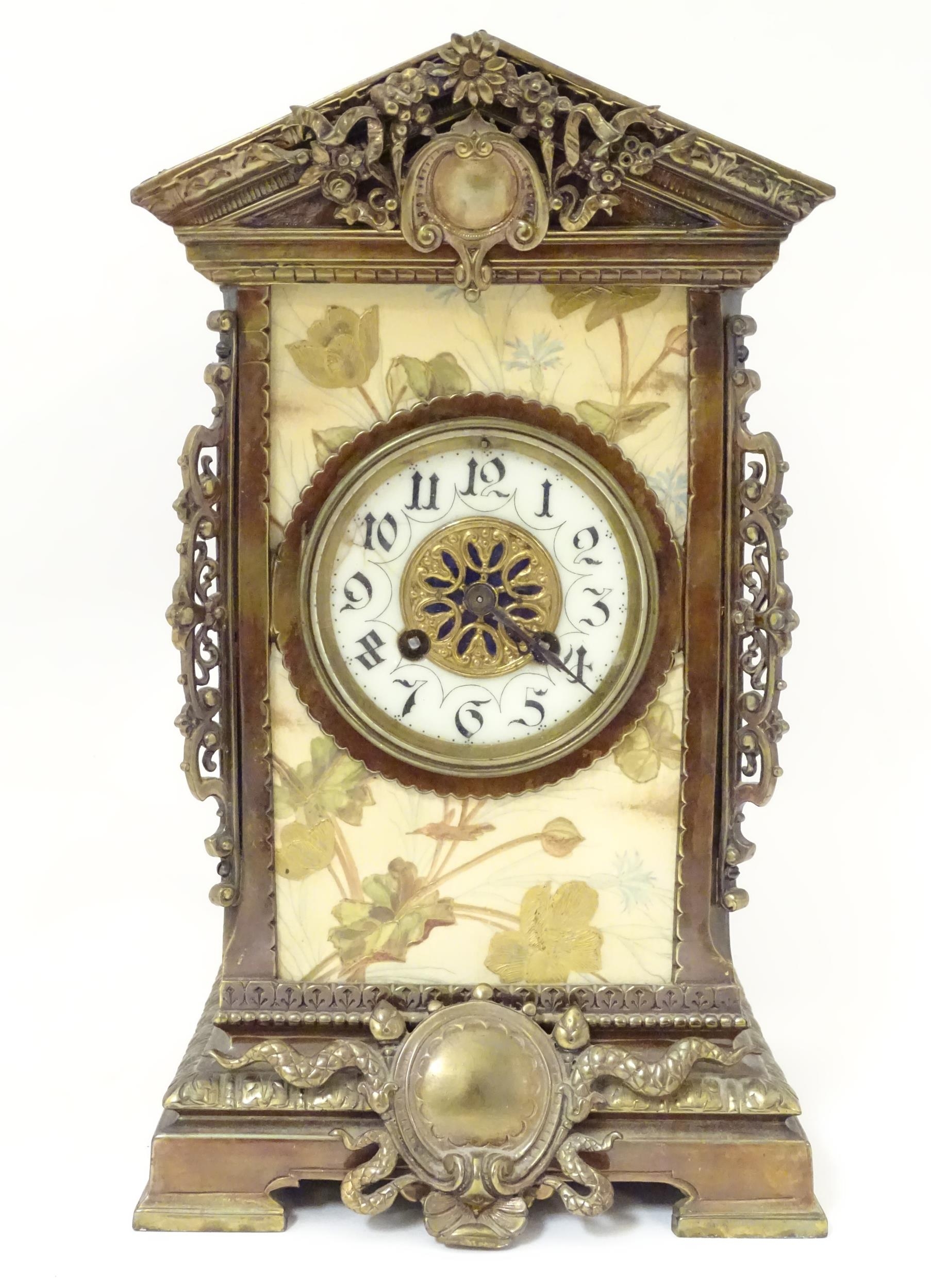A 19thC brass and porcelain mantle clock, the 8-day French movement stamped F Marti Medaile De - Image 9 of 20