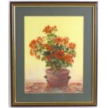 Geoffrey Legge, 20th century, Oil on canvas board, Geraniums Sensation, A still life study of