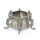Chinese Export : A white metal hexagonal formed small pot / salt with dragon decoration and marked