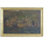 Initialled P. K. 19th century, Marine School, Oil on canvas, A Naval battle scene with tall ships.