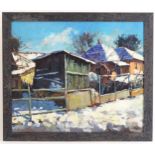 Zoltan Grof, 20th century, Hungarian School, Oil on board, Winter Farmstead. Signed lower right.