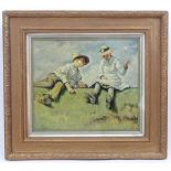 After Alexander Mann (1853-1908), Oil on board, Summertime, Two children on a grass bank. Initialled