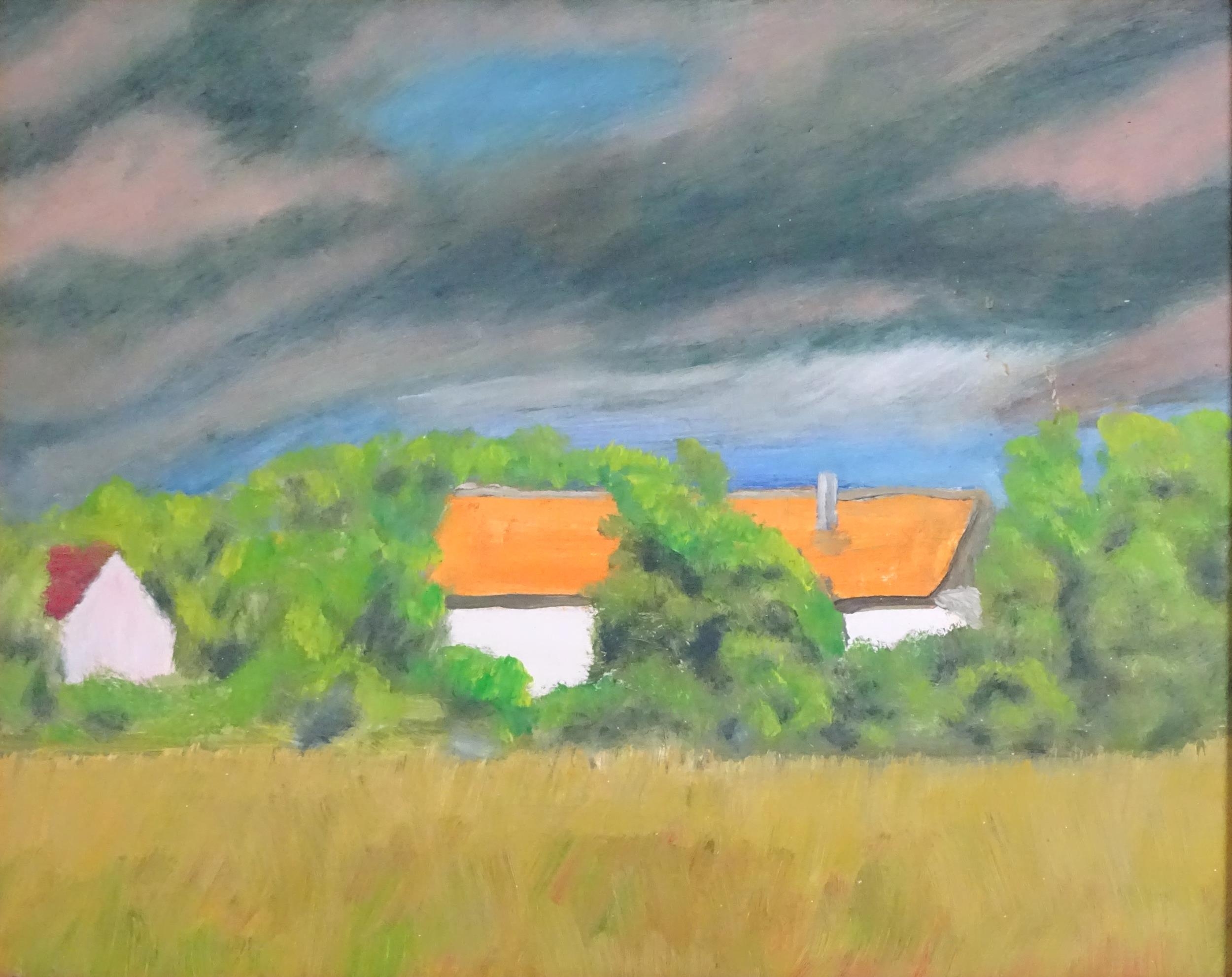 Laszlo Neumann, 20th century, Oil on board, Village End. Ascribed verso. Approx. 15 1/2" x 19 1/2" - Image 3 of 3