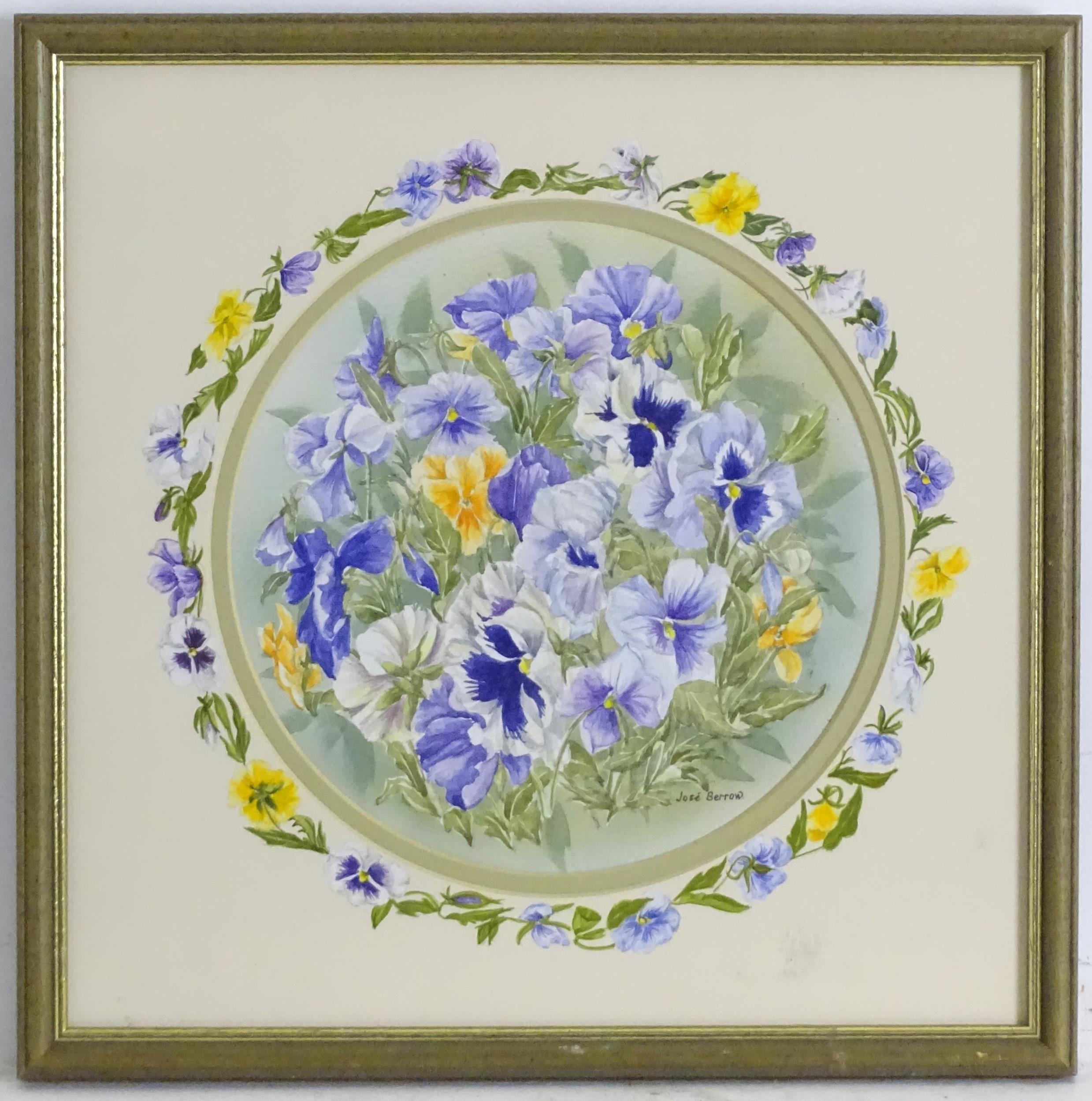 Jose Berrow, 20th century, Watercolour, A pansy garland, with floral border. Signed lower right.