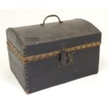 A 19thC leather covered casket / box with stud detail. Approx. 6 3/4" high x 10 1/4" wide x 7 1/4"