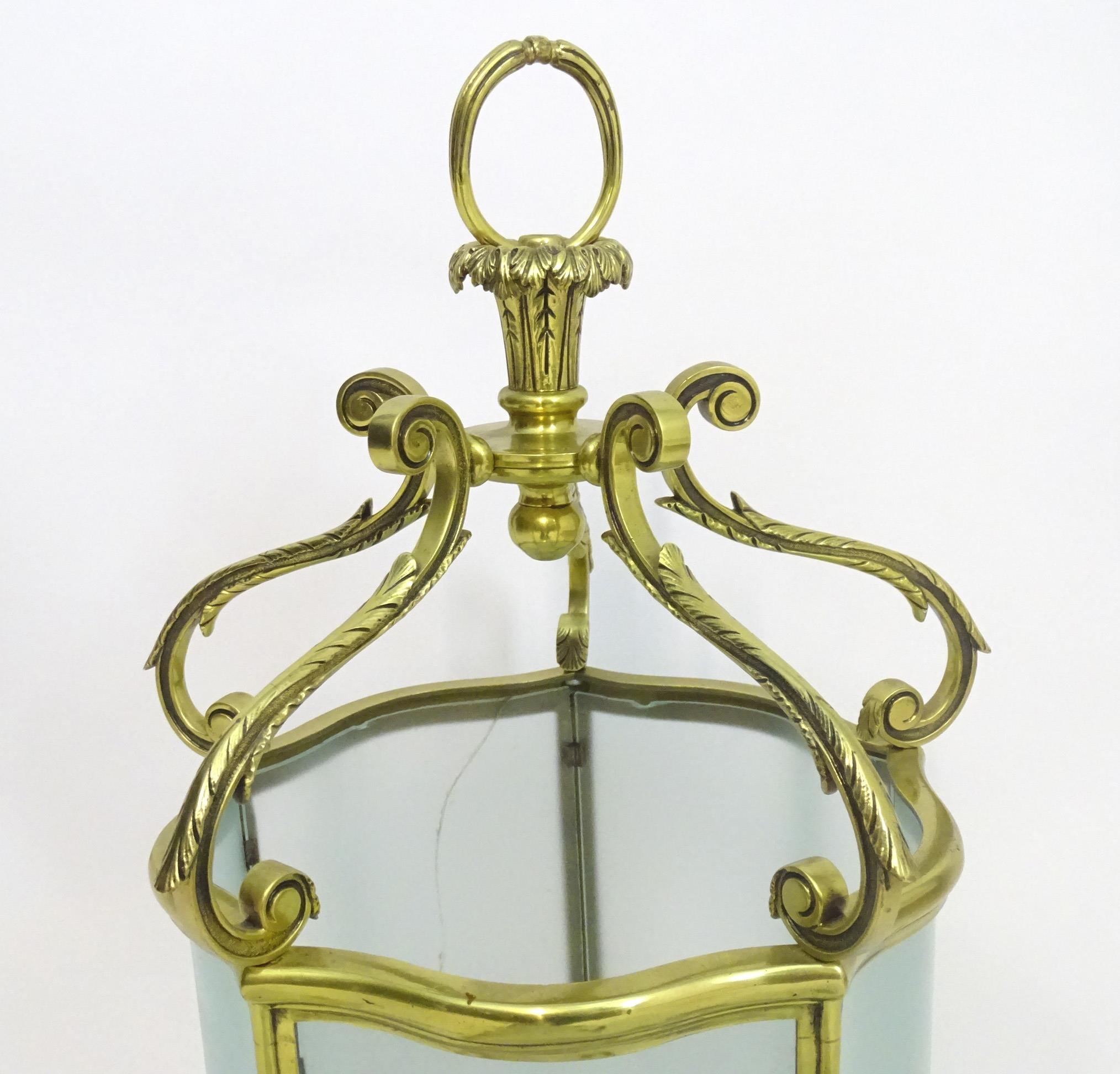 A 19thC brass hanging lantern and original bracket, the shade with five panels of frosted glass - Image 4 of 7