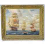 Raymond Aldridge, 20th century, Marine School, Oil on canvas, A seascape with three tall ships and a
