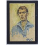 Andi, 20th century, Oil on canvas, A portrait of a gentleman wearing a blue shirt. Signed lower