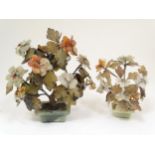 Two Oriental models of stylised bonsai trees with jade, agate etc. hardstone flowers with bead