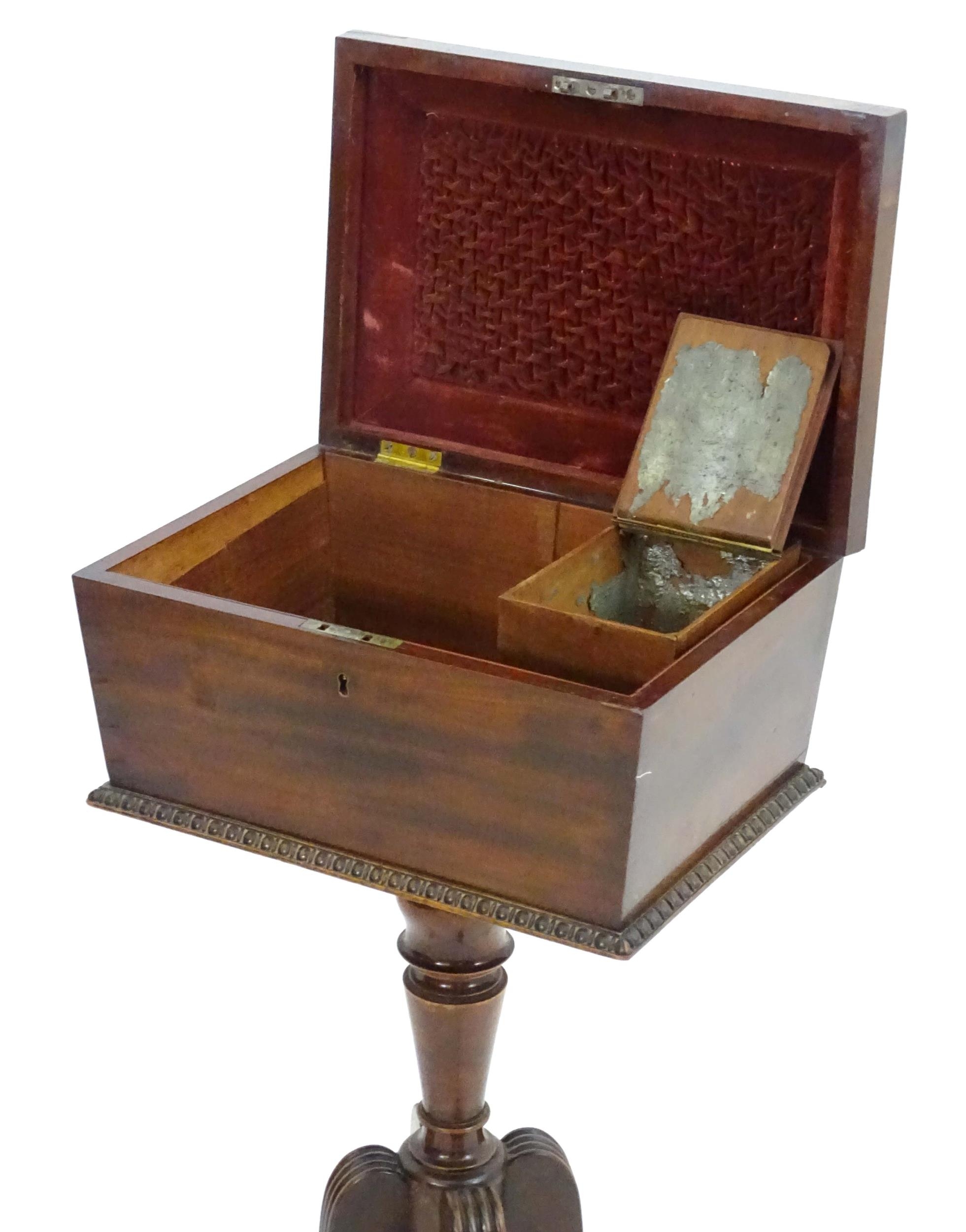 A Regency mahogany teapoy with a carved handle and sarcophagus shaped top, egg and dart mouldings - Image 4 of 6