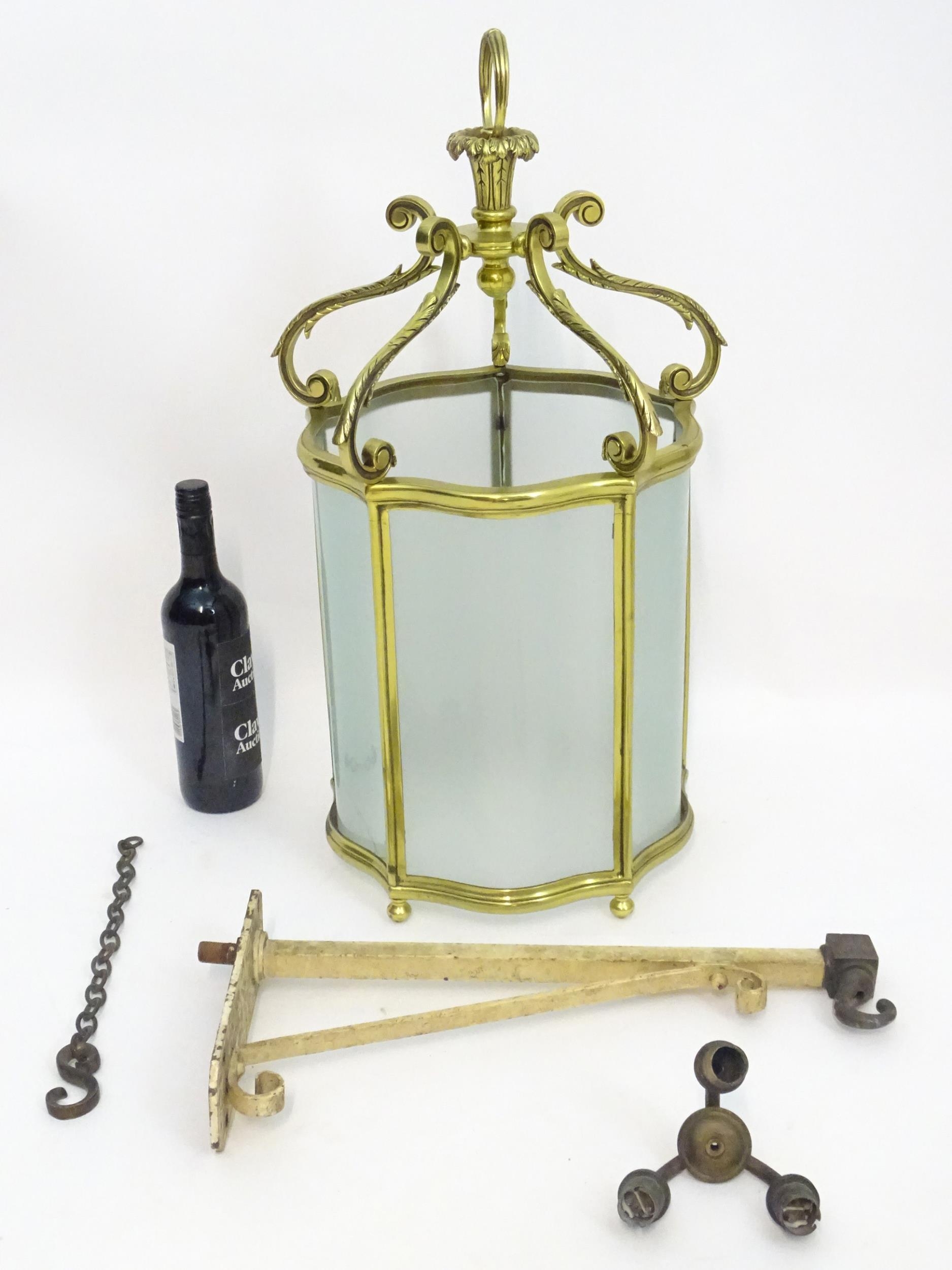 A 19thC brass hanging lantern and original bracket, the shade with five panels of frosted glass - Image 3 of 7