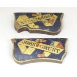 Two 19thC wooden wall hanging name plaques for John of Gaunt and Sir T Gresham, with traces of