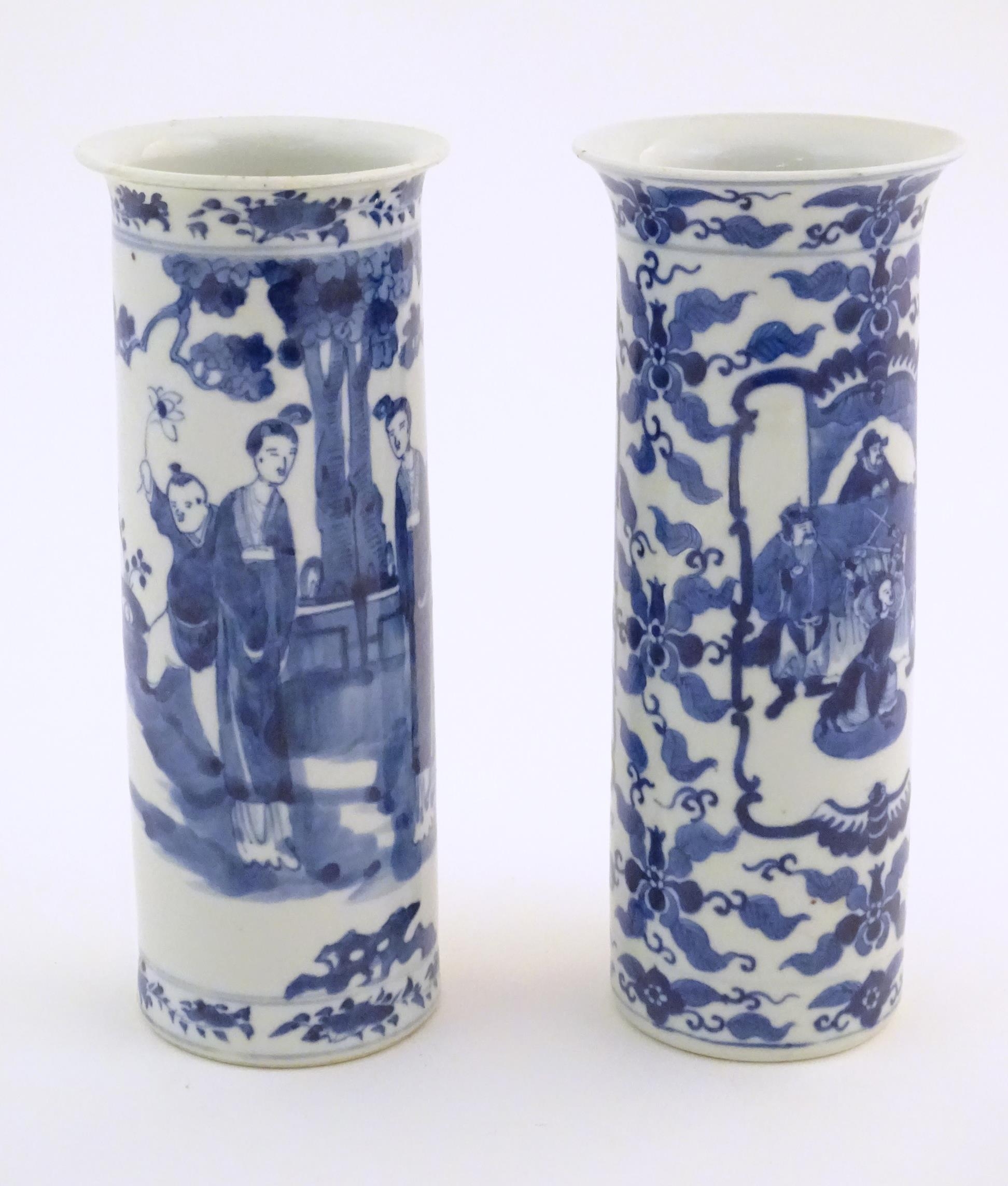 Two Oriental blue and white vases of cylindrical form, one depicting figures in a garden scene - Image 3 of 6