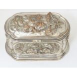 A French 19thC silver plate / electrotype jewel casket of shaped form, the top with relief