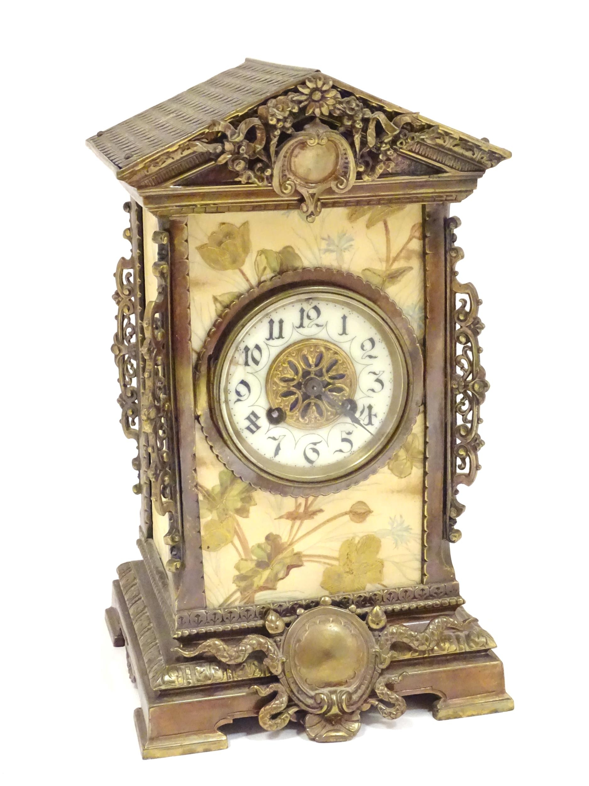 A 19thC brass and porcelain mantle clock, the 8-day French movement stamped F Marti Medaile De - Image 2 of 20