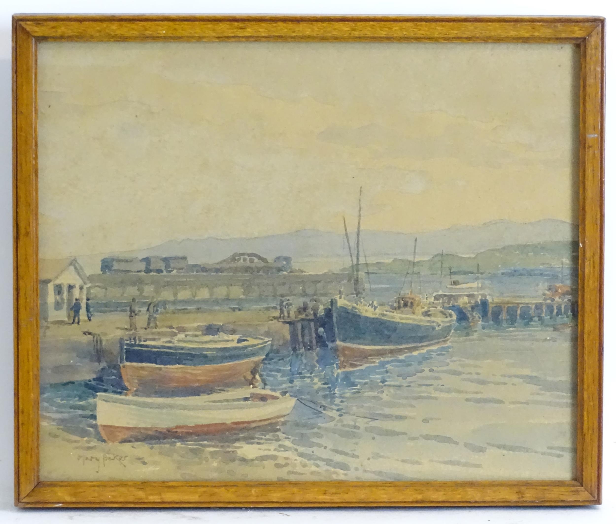 Mary Baker, Watercolour, Mallaig, Scotland, A harbour scene with moored fishing boats. Signed