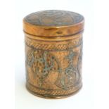 A Persian copper lidded pot of cylindrical form with engraved detail and inlaid white metal