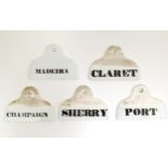Kitchenalia: a collection of five 19thC ceramic vineyard / wine bin labels, each approximately 5 1/
