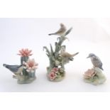 Three Lladro models of birds with flowers, comprising Little Bird, model no. 1301, Bird on Cactus,